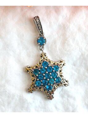Snowflake Blue Topaz Gemstone Dual T Vintage Sterling Silver 925 Pendant | Charm